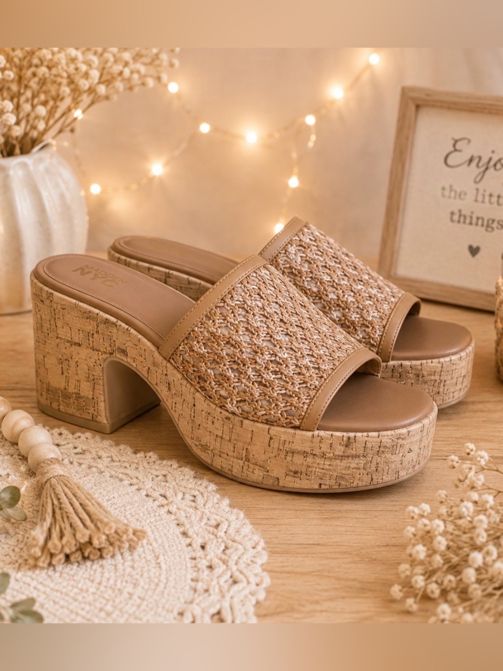 Madden NYC Tan Woven Platform Cork Slide Sandals-NIB